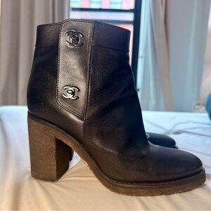 CHANEL Black Leather Heeled Boots